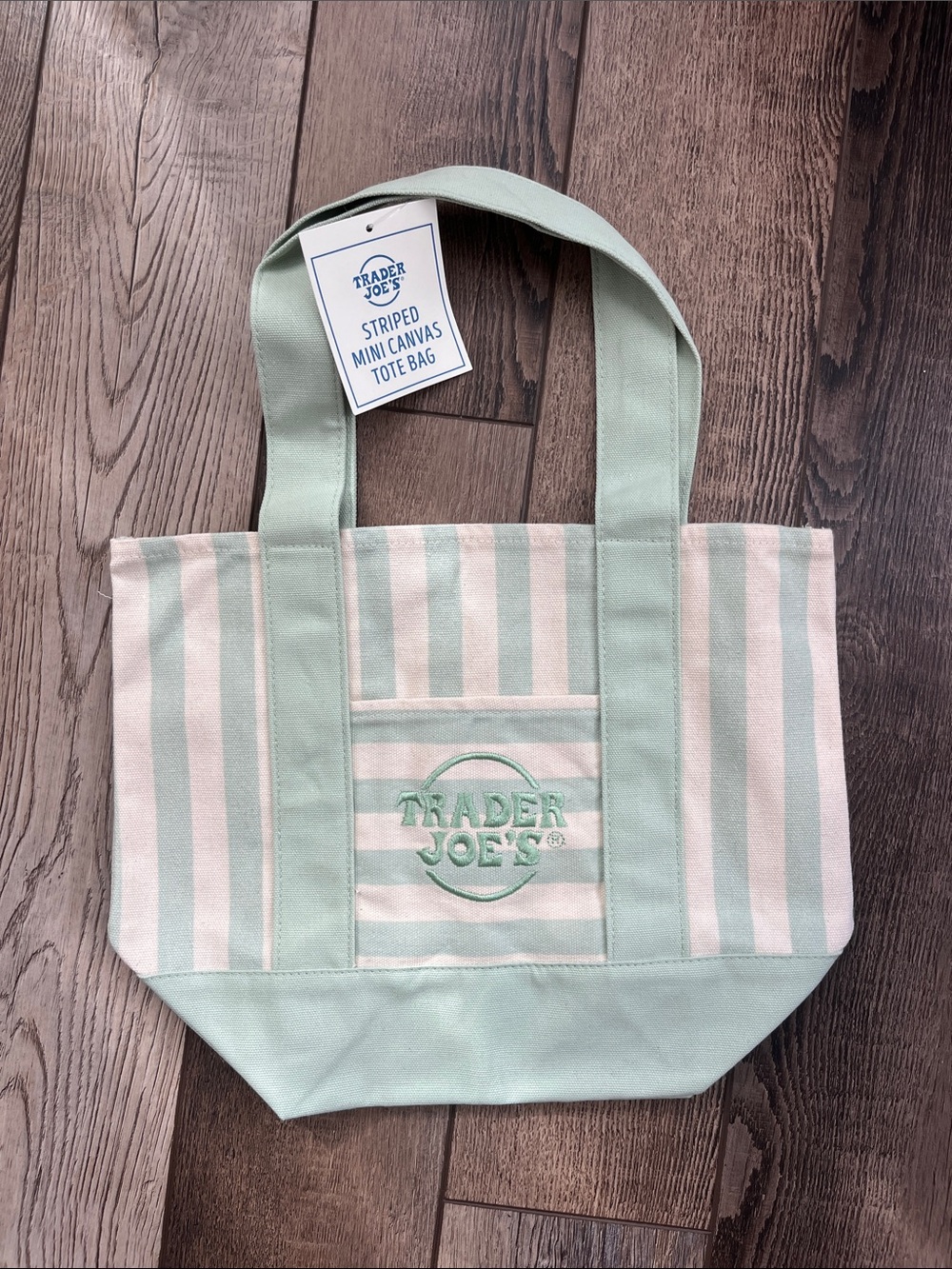 Trader Joe’s Striped Mini Canvas Tote Bag Pastel Green